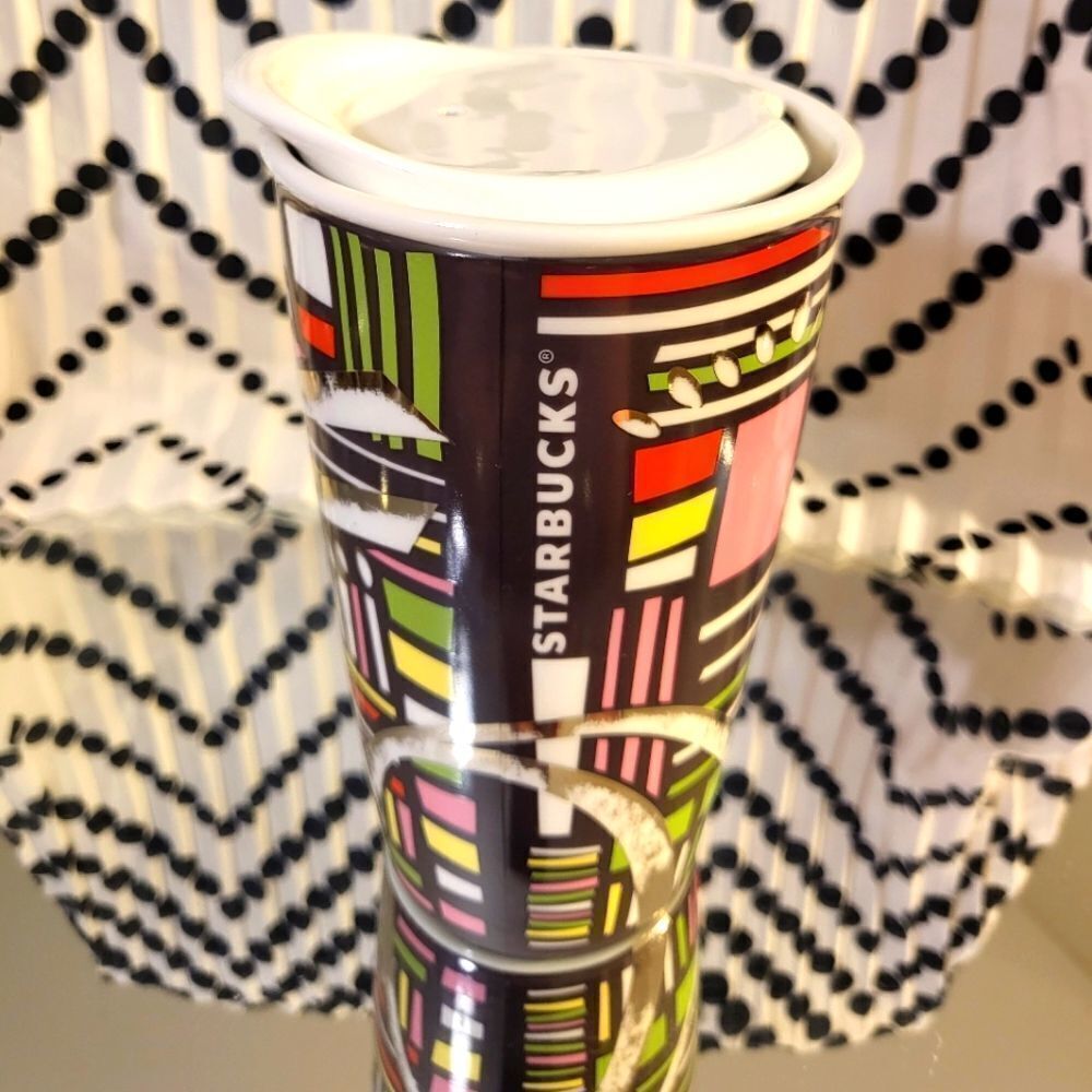 Starbucks 2014 Double Wall Porcelain Art Deco Gold Travel Mug - 12 Oz.